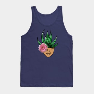 Aloe Plant on a Surreal Human Face, Wearing a Pink Gerber Daisy Eyepatch. Tank Top